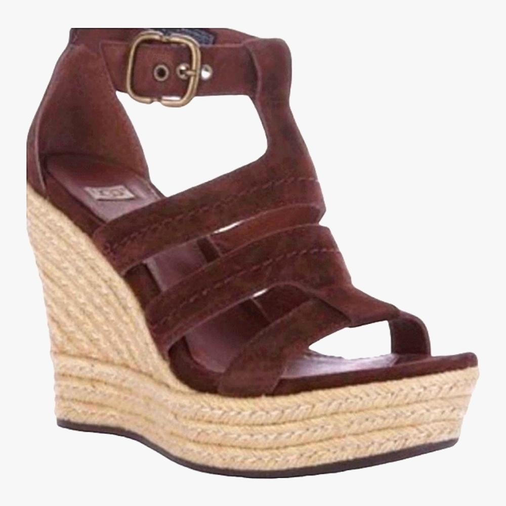 UGG Tawnie Brown Suede Espadrille Platform Wedge Boho Sandals Size US 9